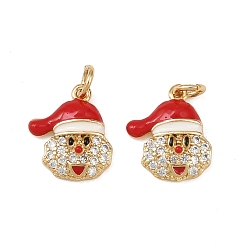 Santa Claus Рождественские латунные эмалевые подвески с микропаве из кубических цирконий, с целью перехода в кольце, без свинца и без кадмия, долговечный, стойки покрытие, реальный 18 k позолоченный, Дед Мороз, 12x10.5x2.5 мм, отверстие : 2 мм