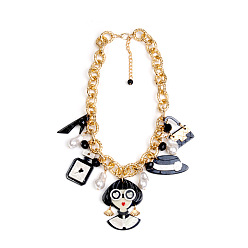 Черный Женские ожерелья-нагрудники из акрила в виде флакона женских духов, туфли на высоком каблуке с подвеской из искусственного жемчуга и цепочками из сплава., золотые, чёрные, 17.72 дюйм (45 см)