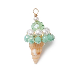 Зеленый Подвески из ракушек и стекла, очарование мороженого, с экологически чистой медной проволокой, зелёные, 32~34x16~17.5x8 мм, отверстие : 2.3 мм