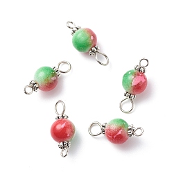Antique Silver Spray Painted Resin Connector Charms, with Iron Loops, Two Tone, Red & Green, Round, Antique Silver, 19.5x8.5mm, Hole: 2~3mm