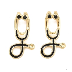 Черный Латунные микро проложить кубического циркония подвески, стетоскоп, с эмалью, реальный 18 k позолоченный, чёрные, 20x11x5 мм, отверстие : 4x2 мм