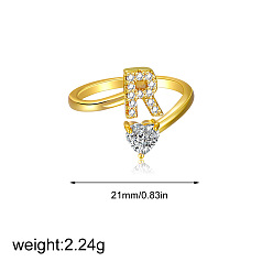 Letter R Латунные кольца-манжеты с микропаве из прозрачных кубических цирконий, сердце, золотые, Буква R, 21 мм