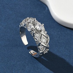 Платина Открытые кольца манжеты из латуни с микропаве и кубическим цирконием, ромб, без кадмия и без свинца, стойки покрытие, долговечный, платина, 8.5 мм, размер США 7 1/4 (17.5 мм)