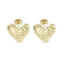 Real 18K Gold Plated Heart with Word Love Brass Stud Earrings, Long-Lasting Plated, Lead Free & Cadmium Free, Real 18K Gold Plated, 15.5x17.5mm