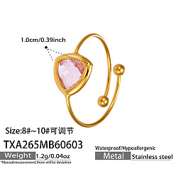 Pink Adjustable 316 Stainless Steel & Glass Cuff Open Rings, Triangle, Golden, Pink, Inner Diameter: 15~20mm
