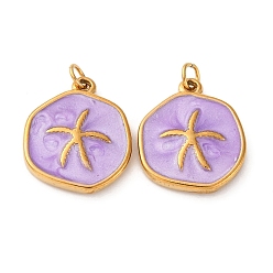 Средний Фиолетовый 304 нержавеющей стальной эмали подвески, плоская круглая с подвеской в виде морской звезды, с целью перехода в кольце, ионное покрытие (ip), реальный 18 k позолоченный, средне фиолетовый, 17x14.5x3 мм, отверстие : 2.5 мм