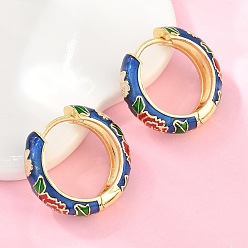 Mittelblau Creolen aus Messing-Emaille, Blumenmuster, Bleifrei und cadmium frei, Gestell, langlebig überzogen, echt 18 k vergoldet, mittelblau, 20x6 mm