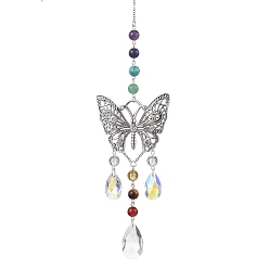 Античное Серебро Украшение из полой бабочки из сплава, Круглая чакра, драгоценный камень и стеклянная каплевидная кисточка для дома и сада, подвесные украшения на открытом воздухе, античное серебро, 296 мм