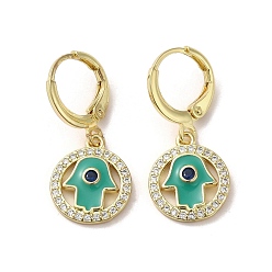 Sea Green Hamsa Hand Golden Brass Dangle Leverback Earrings, with Enamel and Cubic Zirconia, Sea Green, 27x12mm