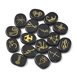 Обсидиан 16шт 16 стили натуральный обсидиан дисплей украшения, фигурка для украшения дома, энергетический камень рейки для исцеления, овал с символом, 25x20x7~7.5 мм, 1 шт / стиль