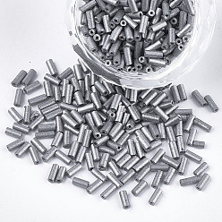 Silver Electroplate Glass Bugle Beads, Round Hole, Metallic Colours, Silver, 3~5x1.5~2mm, Hole: 0.8mm, about 15000pcs/bag