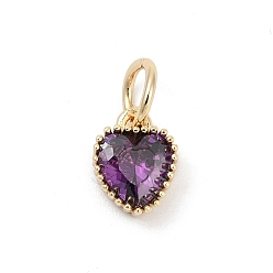 Фиолетовый Латунные микро проложить кубического циркония подвески, сердце прелести, стойки покрытие, долговечный, с целью перехода в кольце, фиолетовые, 9x7x3.5 мм