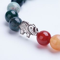Indian Agate Natural Indian Agate Beaded Stretch Bracelets, with Alloy Spacer Beads, Elephant, Antique Silver, 1-3/4 inch(45mm)