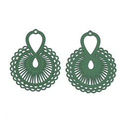 Green 430 Stainless Steel Filigree Pendants, Spray Painted, Etched Metal Embellishments, Flower with Infinity, Green, 26x19x0.5mm, Hole: 0.9mm