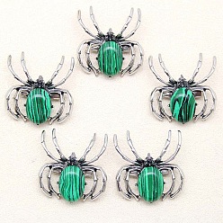 Малахит Брошь из натурального малахита, паук, античное серебро, 36x34 мм