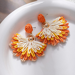 Темно-Оранжевый Богемные серьги-гвоздики из рафии, цветок, золотые, темно-оранжевый, 64x55 мм