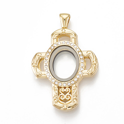 Golden Große Anhänger aus magnetischem Medaillon, mit Strass und Glas, Kreuz, Kristall, golden, 51x34x8 mm, Loch: 6x3.5 mm, Innen Maßnahme: 16x12.5 mm
