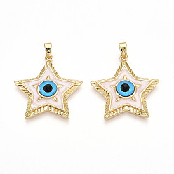 лаванда Латунь эмаль подвески, без кадмия и без свинца, звезда с чарами от сглаза, со стеклом, реальный 18 k позолоченный, лаванда, 25x23x5~5.5 мм, отверстие : 2.5~3x5 мм