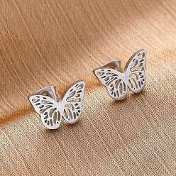 Нержавеющая Сталь Цвет Устойчивые к потускнению 304 серьги-гвоздики из нержавеющей стали с 316 штифтами из хирургической нержавеющей стали, полый бабочки, цвет нержавеющей стали, 9x13 мм