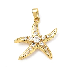 Настоящее золото 18K Латунные микропаве прозрачные подвески с фианитом, прелести морская звезда, реальный 18 k позолоченный, 22.5x22.5x2.5 мм, отверстие : 2.6x4.8 мм