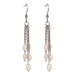 Stainless Steel Color Grade A Natural Freshwater Pearl Dangle Tassel Earrings, with Stainless Steel Earring Hooks and Rolo Chains, Stainless Steel Color, 70mm, Pin: 0.8mm