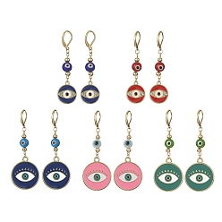 Mixed Color Alloy Enamel Flat Round Dangle Leverback Earrings with Brass Pins, Lampwork Evil Eye Drop Earrings for Women, Mixed Color, 57~68x15.5~24.5mm