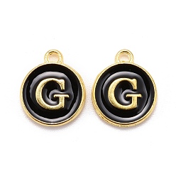 Letter G Подвески из позолоченного сплава, без кадмия и без свинца, с эмалью, эмалированные блестки, плоские круглые с буквы, чёрные, letter.g, 14x12x2 мм, отверстие : 1.5 мм