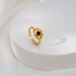 Real 18K Gold Plated 304 Stainless Steel Rhinestone Cuff Open Rings for Women, Evil Eye, Real 18K Gold Plated, 10mm, Adjustable
