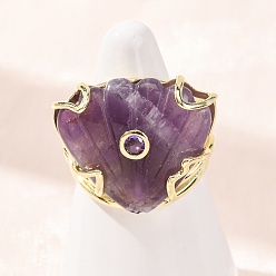 Amethyst Natural Amethyst Cuff Rings, Shell Shape, Brass Micro Pave Cubic Zirconia Cuff Open Rings, Golden, 24.5mm, US Size 7 1/4(17.5mm)
