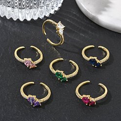 Настоящее золото 18K Открытые кольца манжеты из латуни с микропаве и кубическим цирконием, Двойное сердце, без кадмия и без свинца, долговечный, стойки покрытие, реальный 18 k позолоченный, 17 мм
