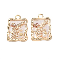 Белый Латунная эмаль и натуральный жемчуг прямоугольник с подвесками-цветами, реальный 18 k позолоченный, белые, 31.5x22.5x5.5 мм, отверстие : 3.5 мм