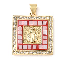 Red Brass & Shell & Clear Cubic Zirconia Pendants, Cadmium Free & Lead Free, Square with Virgin Mary Pattern, Real 18K Gold Plated, Red, 24.5x21.5x3.5mm, Hole: 3.5x4mm