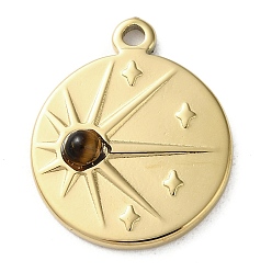 Тигровый глаз Вакуумное покрытие pvd 316 подвески из нержавеющей стали, с натуральным тигровый глаз, плоско-круглые, реальный 18 k позолоченный, 21.5x17.5x3.5 мм, отверстие : 1.8 мм