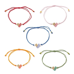 Mixed Color Handmade Japanese Seed Heart Link Bracelets, Adjustable Bracelet for Women, Mixed Color, Maximum Inner Diameter: 4-3/8 inch(11cm)