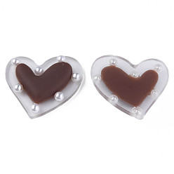 Coconut Brown Acrylic Cabochons, with ABS Plastic Imitation Pearl Beads, Heart, Coconut Brown, 21x24x5.5mm