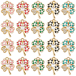 Mixed Color 20Pcs 5 Colors Alloy Enamel Pendants, with Rhinestone and ABS Plastic Imitation Pearl Beads, Clover with Tartan Pattern, Mixed Color, 21x16x6mm, Hole: 1.8mm, 4pcs/color