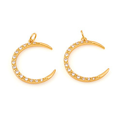 Настоящее золото 18K Латунные микро проложить кубического циркония подвески, с прыжковых колец, полумесяц, прозрачные, реальный 18 k позолоченный, 18.5x15.5x2 мм, Перейти кольцо: 4x0.6 мм, отверстие : 2.5 мм