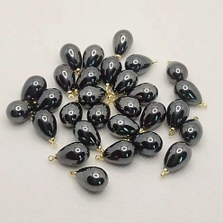 Black ABS Plastic Imitation Pearl Pendants, with Metal Findings, Teardrop Charm, Black, 14x10mm