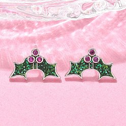 Платина Латунные микро проложить серьги стержня кубического циркония, с эмалью и пайеткой, стойки покрытие, долговечный, без свинца и без кадмия, Холли листьев, платина, 10x16 мм