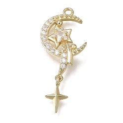 Chapado en Oro Real de 14K Latón micro pavimenta claro colgantes de circonio cúbico, Luna con encantos de estrellas, real 14 k chapado en oro, 30x12x4 mm, agujero: 1.5 mm