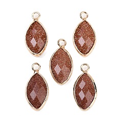 Камень с Пылевым Золотом Ограненные подвески из синтетического золота, латунные подвески в виде конского глаза, золотые, 22.5x10.5x5~5.5 мм, отверстие : 2 мм