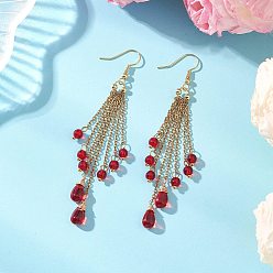 Золотой Каплевидные 304 серьги с подвесками из нержавеющей стали, с цепочками, кисточками и стеклянными бусинами., золотые, 85.5 мм