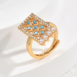 Синий Регулируемые кольца для женщин с микропаве из кубического циркония и жемчугом из латуни, прямоугольные, синие, 20x11 мм, внутренний диаметр: регулируемый