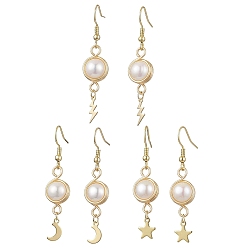 Golden 3 Pairs Natural Cultured Freshwater Pearl Dangle Earrings, Stainless Steel with Brass Charms, Golden, 49x10.5mm