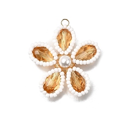 (932FM) Темно-синий аква-матовый с подкладкой Стеклянные подвески, цветочный шарм, с 304 соединительными кольцами из нержавеющей стали и круглыми бусинами из ракушек, граненые, темно-золотистые, 33.5~34x34.5~35x8.5 мм, отверстие : 3 мм