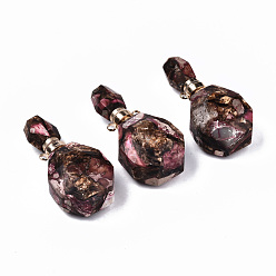 Hot Pink Assembled Synthetic Bronzite and Imperial Jasper Openable Perfume Bottle Pendants, with Light Gold Brass Findings, Dyed, Hot Pink, Capacity: 1ml(0.03 fl. oz), 39~40x19.5x13.5mm, Hole: 1.8mm