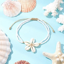 Белый Регулируемые браслеты на щиколотку из натуральных ракушек каури с бусинами, летние пляжные браслеты на ногу из стеклянных бусинок 2-нить для женщин, белые, внутренний диаметр: 2-3/4~ 4 дюйм (71.5~100 мм)