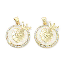 Лео Латунные микропаве прозрачные подвески с фианитом, без кадмия и без свинца, с синтетическим опалом и жемчугом из АБС-пластика, реальный 18 k позолоченный, плоский круглый шарм с двенадцатью созвездиями, Лев, 23x20x2.5 мм, отверстие : 4.5x3 мм