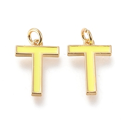 Letter T Латунь эмаль подвески, с целью перехода в кольце, долговечный, реальный 18 k позолоченный, letter.t, шампанское желтый, letter.t, т: 17x12x1.8 мм, прыжковые кольца: внутренний диаметр: 3 мм