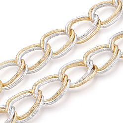 Platinum & Light Gold Алюминиевые двойные цепи, текстурированный двухцветный, несварные, с катушкой, платина и светлое золото, 21x14x2 мм, около 32.81 футов (10 м) / рулон